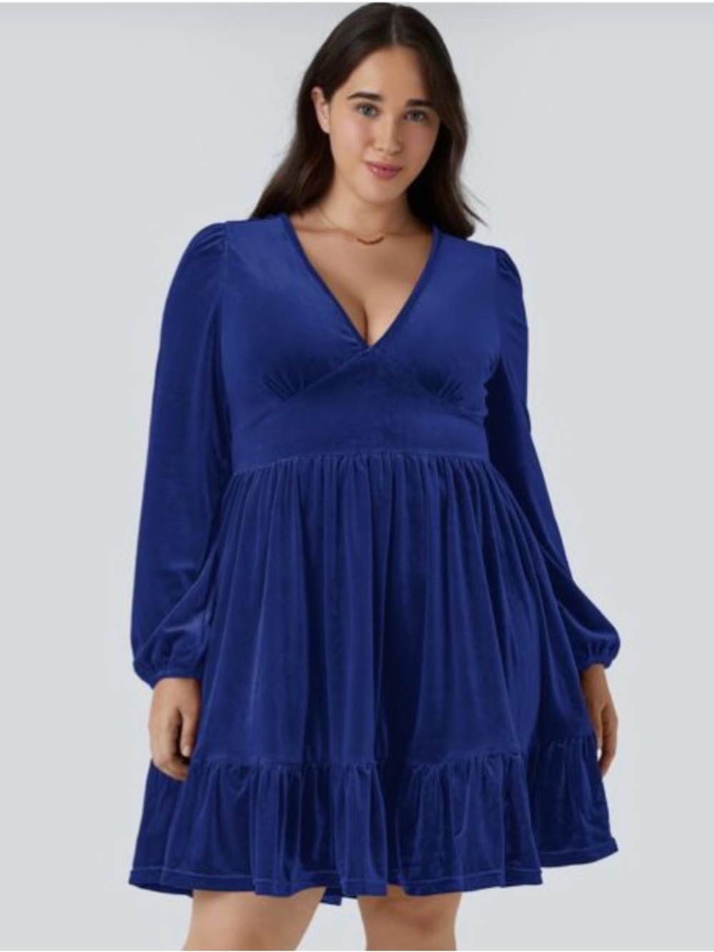 Halara  Blue Velvet V-Neck Long Sleeve Dress 1X